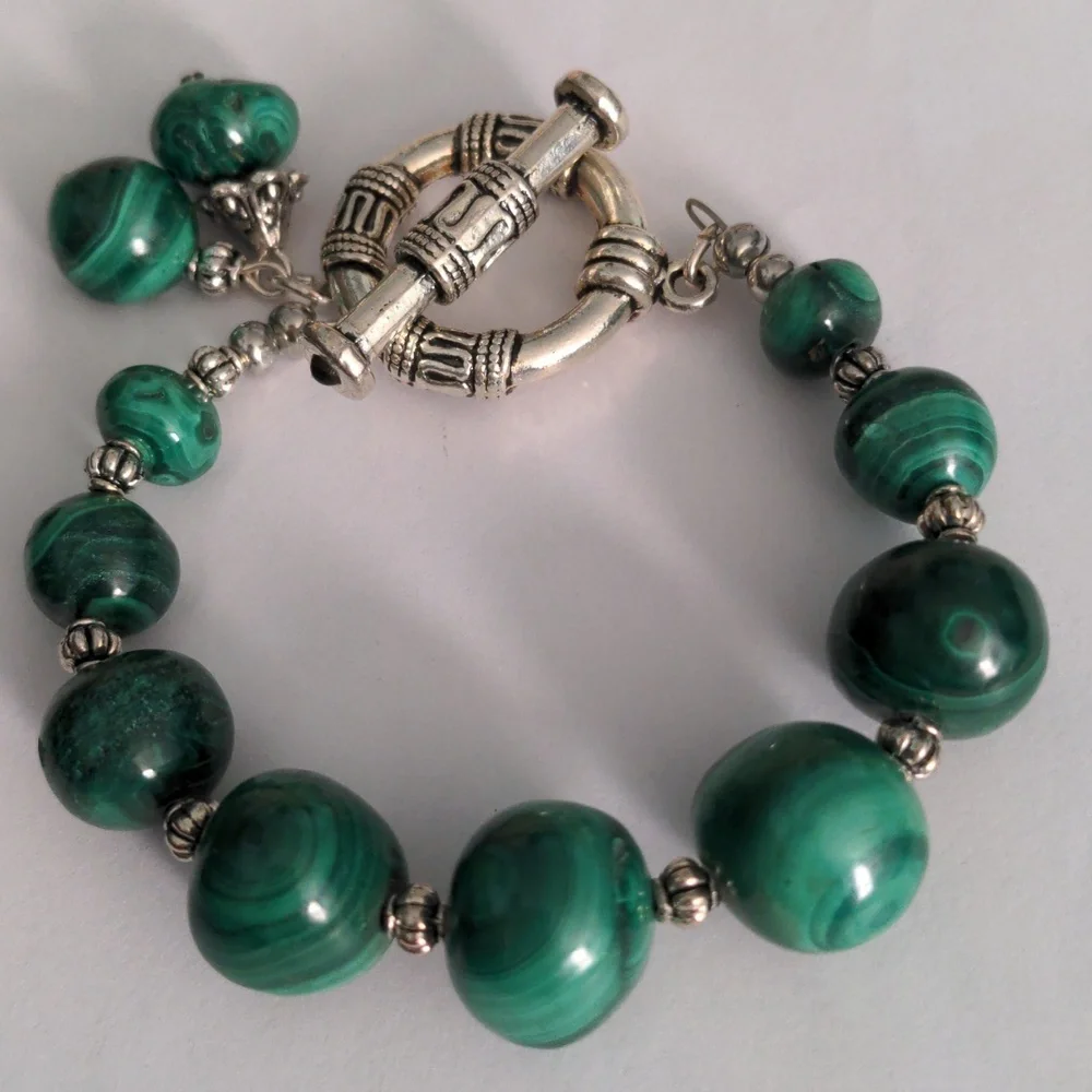Genuine Malachite Gemstone Beaded Bracelet, Bali Clasp, New, 7 1/2